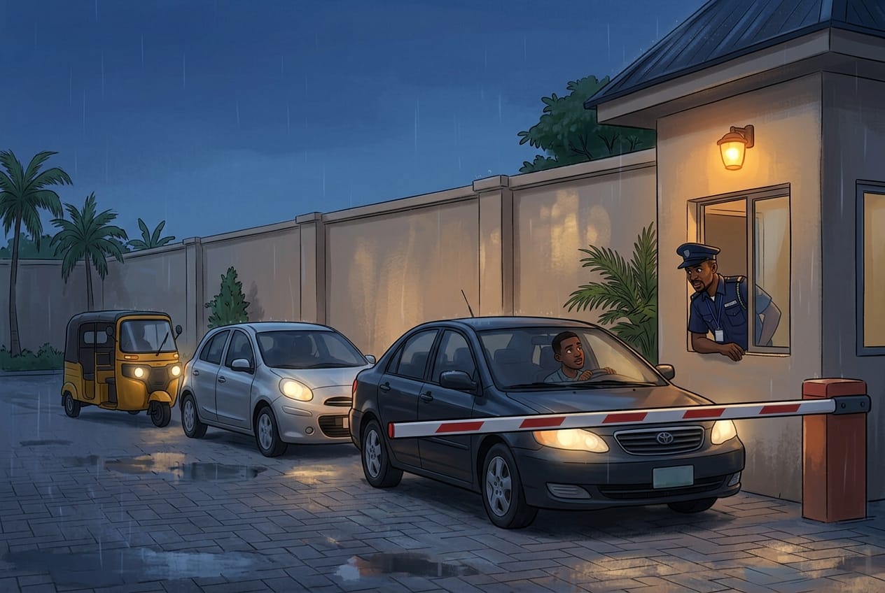 The guest gives a house number. It may be the right one. Two cars and a keke are waiting behind him, and it has started to rain.